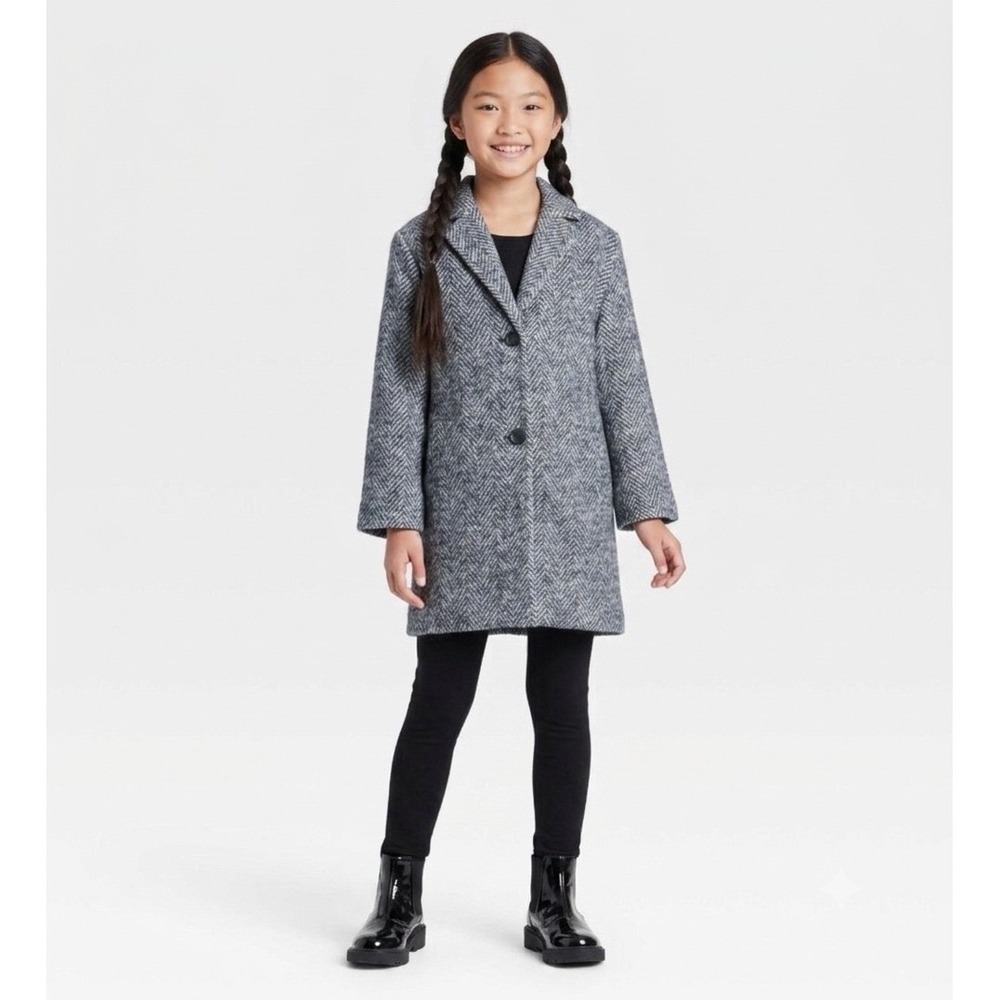 Cat & Jack Kids black/white Herringbone Faux Wool Coat Jacket XS (4-5) Longline
